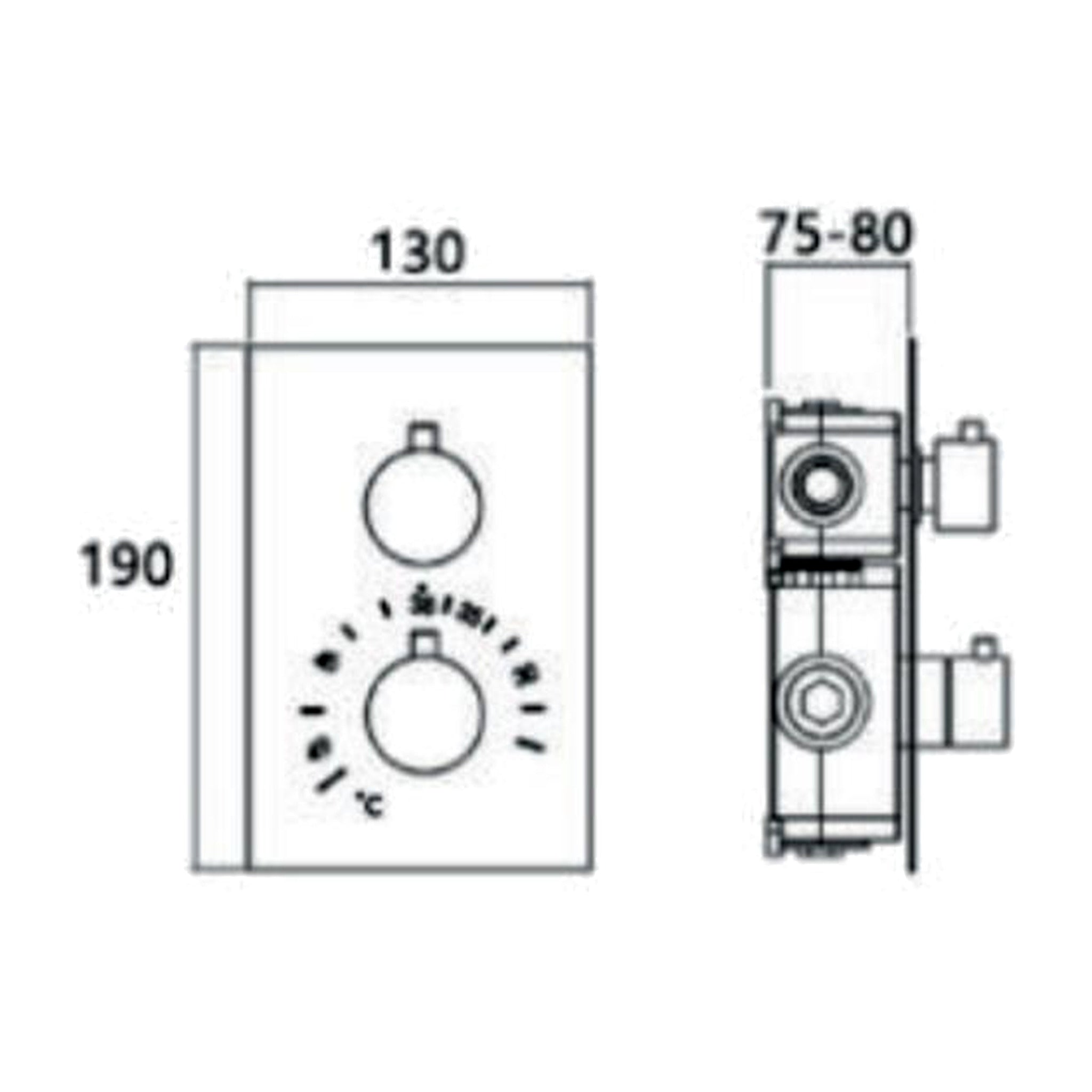 Dimension drawing of the brass thermostatic diverter with 3 outlets