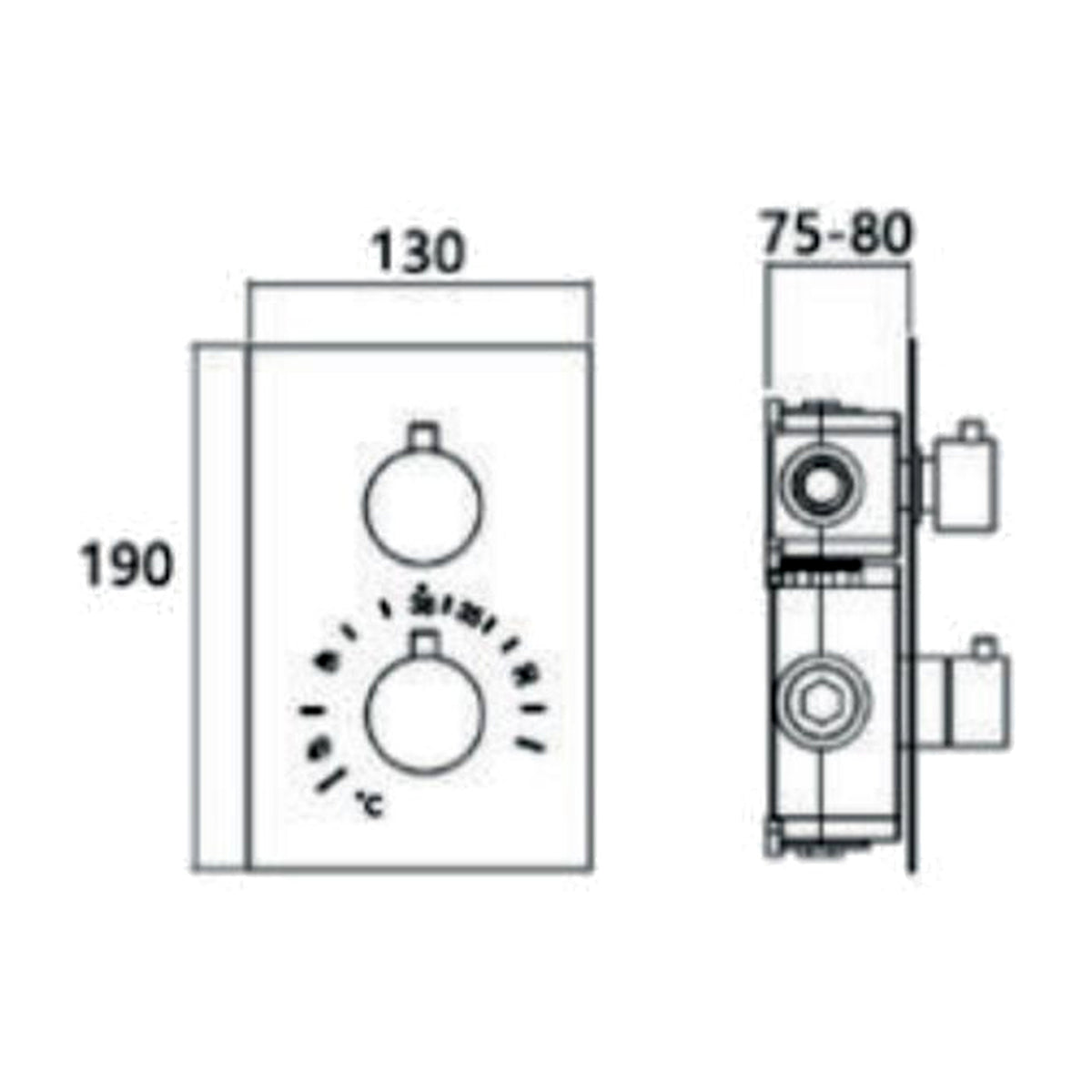 Dimension drawing of the brass thermostatic diverter with 3 outlets