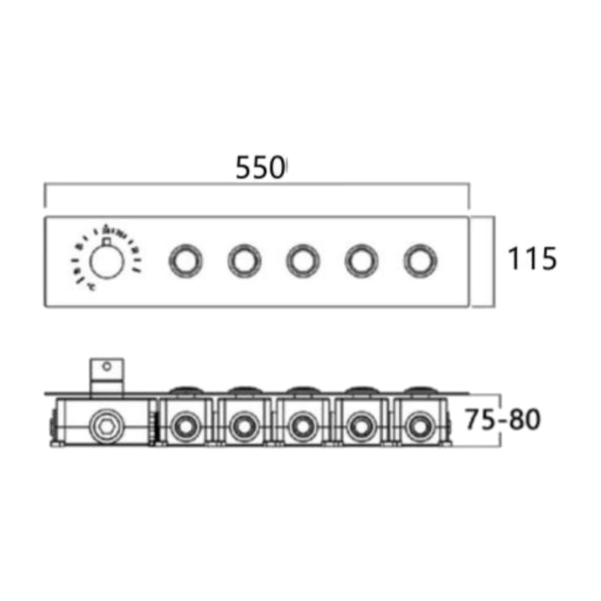 Dimension drawing of the brass thermostatic diverter with 5 outlets