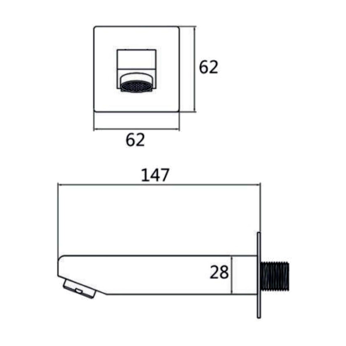 Dimension drawing of the Elvio brass bath spout
