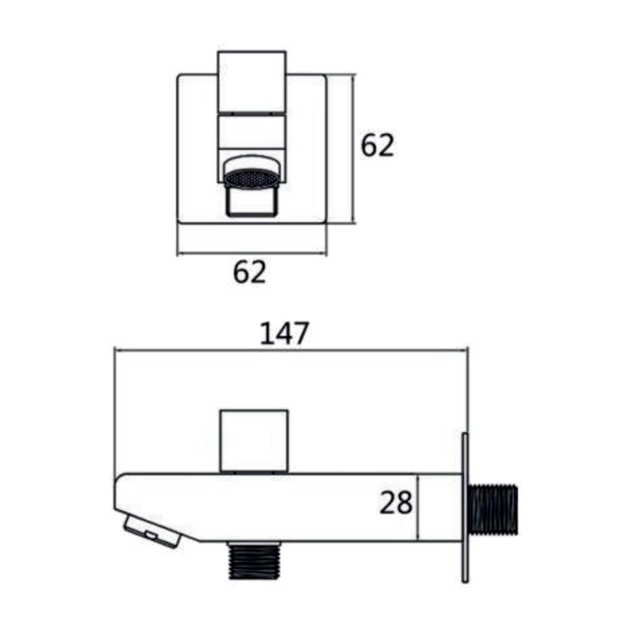 Dimension drawing of the Elvio brass bath spout with button