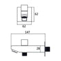 Dimension drawing of the Elvio brass bath spout with button