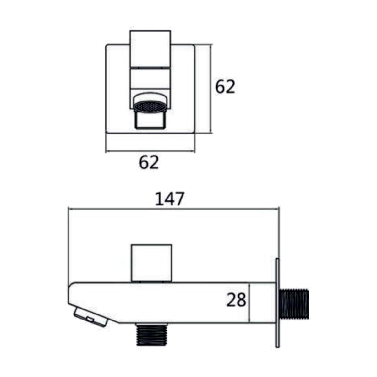 Dimension drawing of the Elvio brass bath spout with button