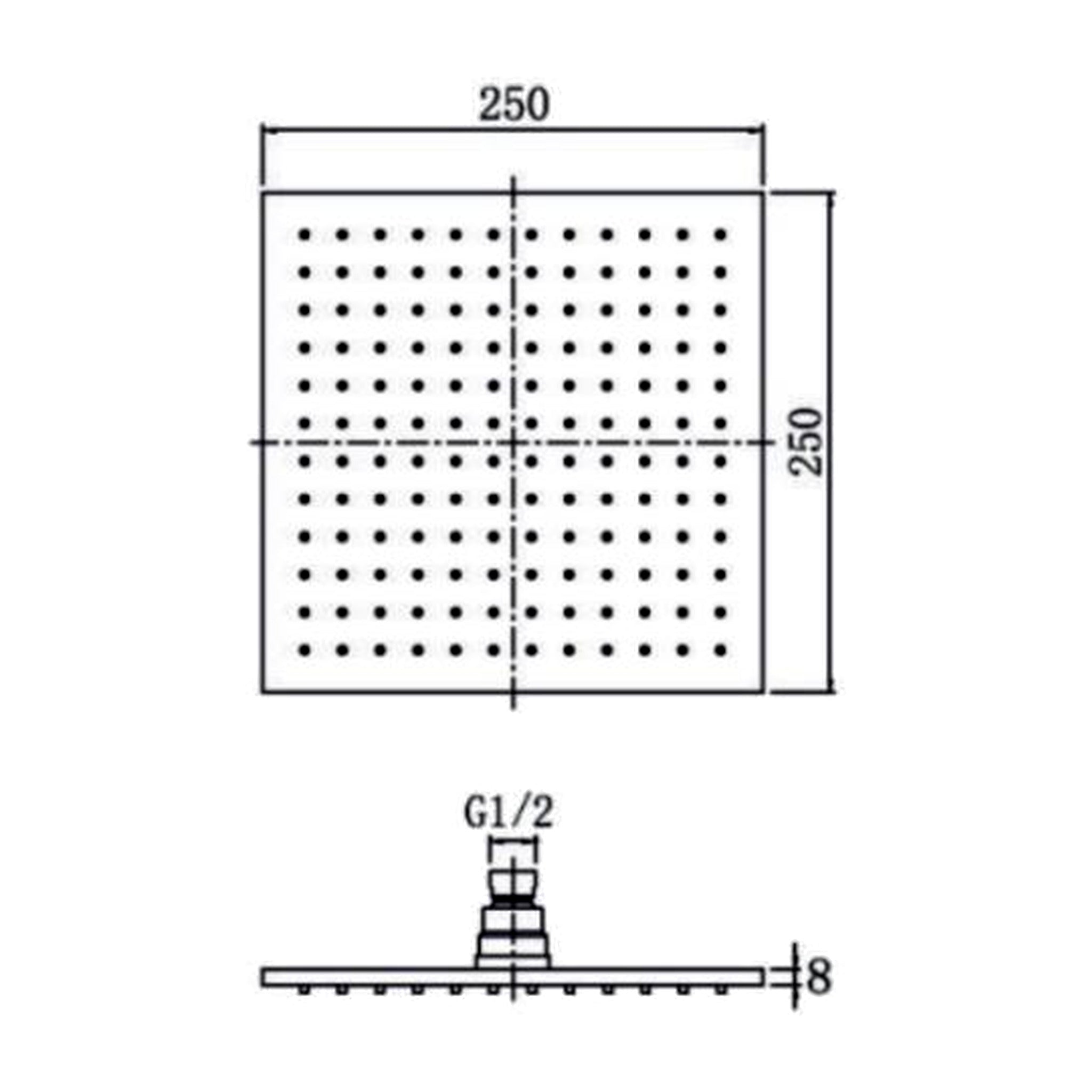 Dimension drawing of the Oren 10 x 10 inch brass overhead shower
