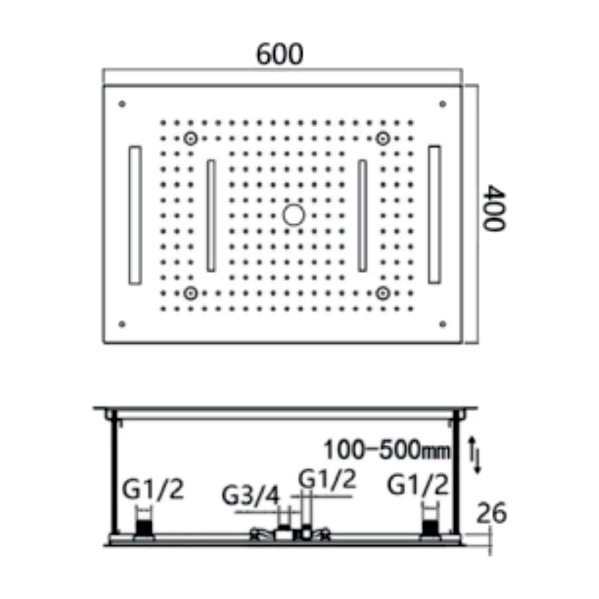 Dimension drawing of the Pioneer 600 x 400 mm ceiling concealed shower