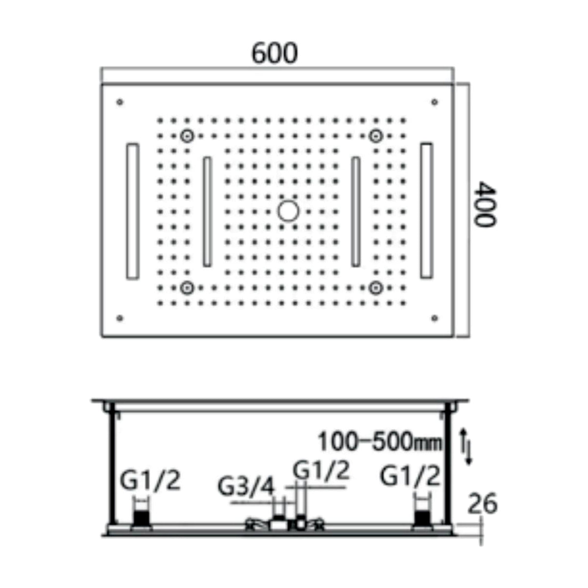 Dimension drawing of the Pioneer 600 x 400 mm ceiling concealed shower