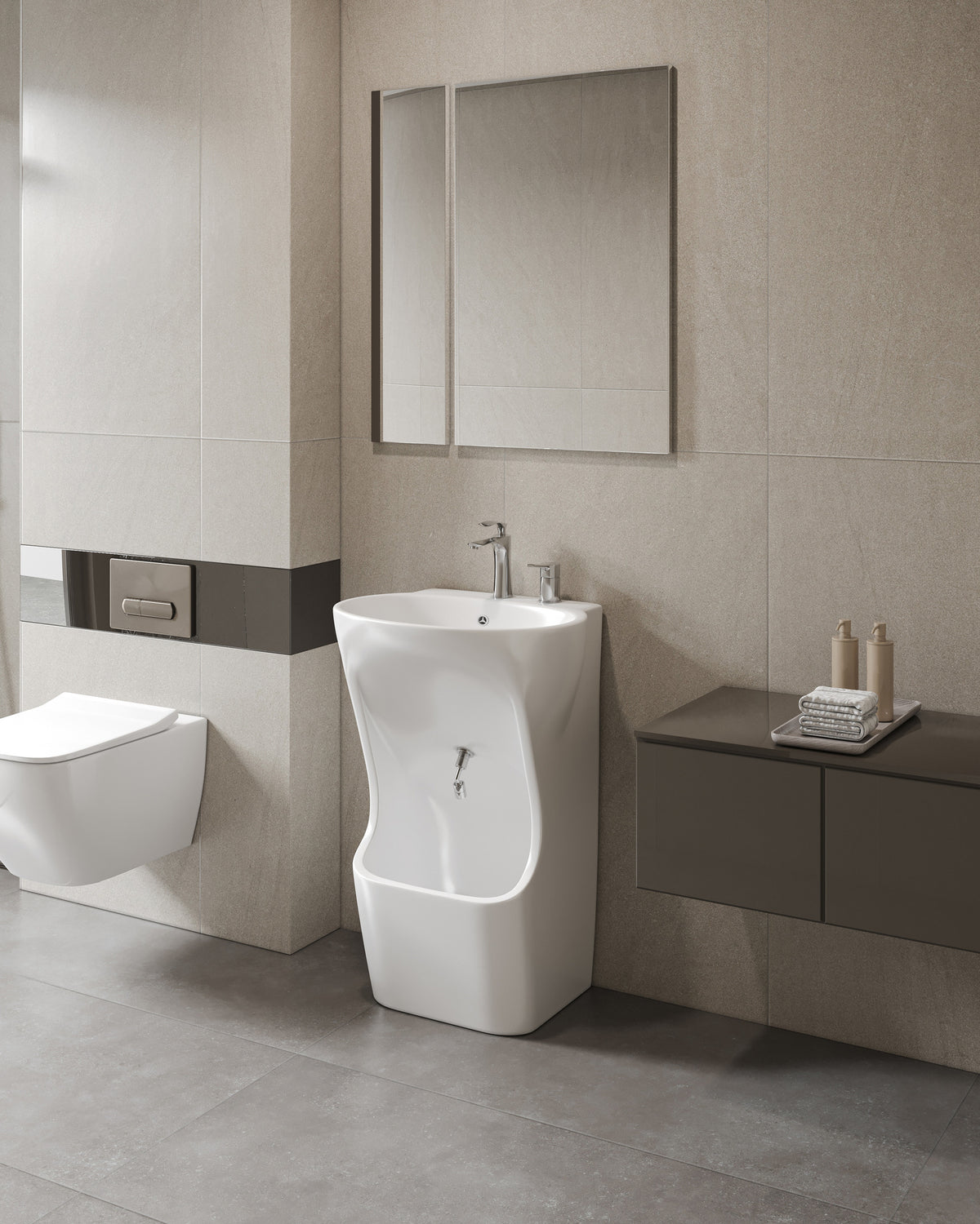 Quba ceramic wudu basin in white, shown in a bathroom setting
