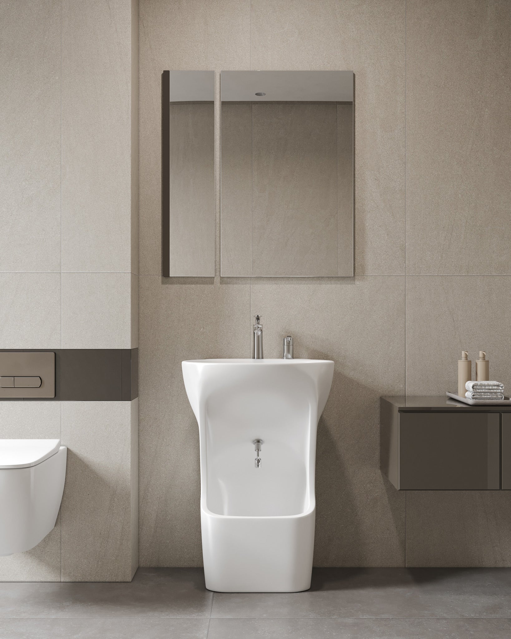 Quba ceramic wudu basin in white, front view in a bathroom