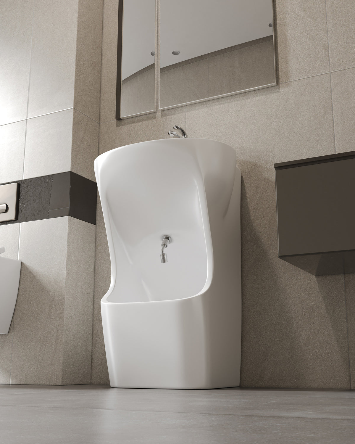 Quba ceramic wudu basin in white, angled side view