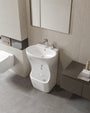 Quba ceramic wudu basin in white, angled view in a bathroom