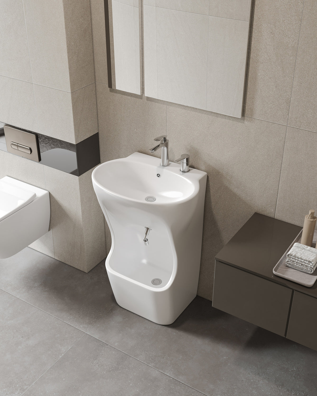 Quba ceramic wudu basin in white, angled view in a bathroom