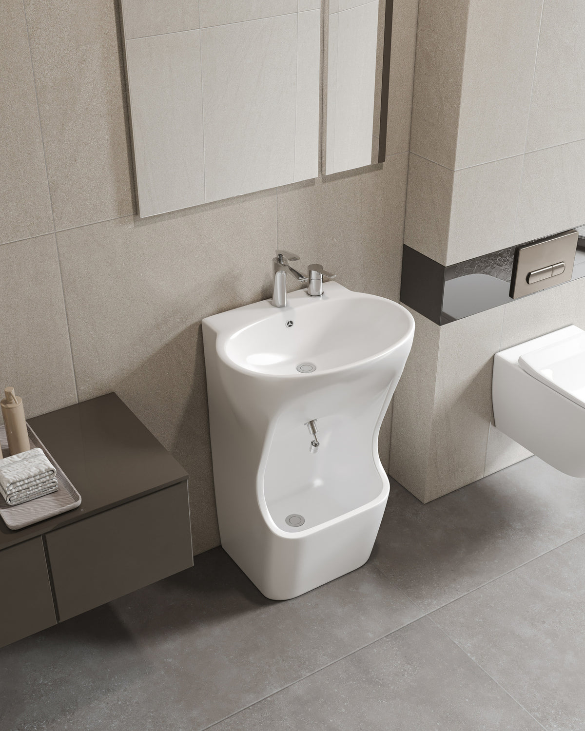 Quba ceramic wudu basin in white, alternate angled view